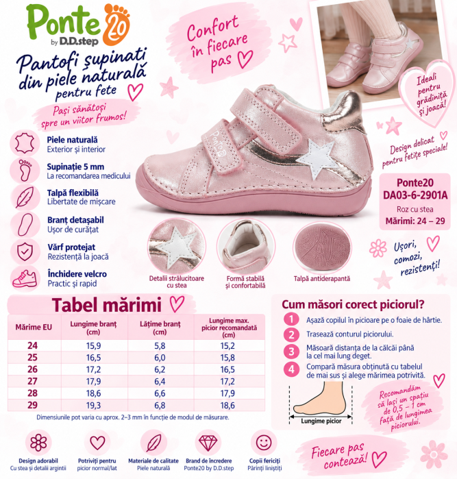 Pantofi Supinați Fete Ponte20 DA03-6-2901A – Piele Naturală, Roz cu Stea [8]