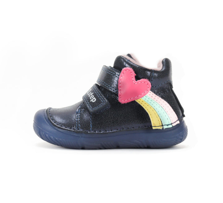 Papuci Barefoot Copii ⭐ - Pantofi Fete D.D.Step A082-62750 – Piele Naturală, Royal Blue cu Inimă și Curcubeu