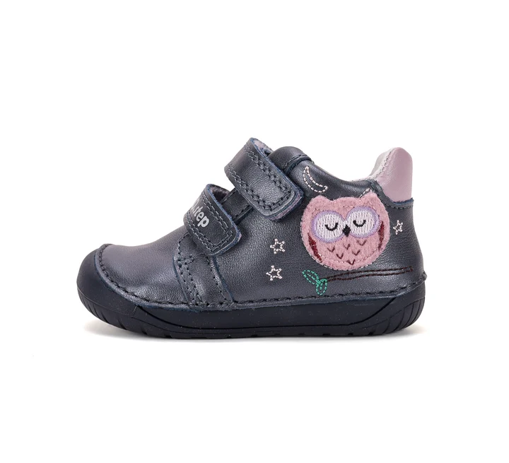 Papuci Barefoot Copii ⭐ - Pantofi Barefoot Fete D.D.Step S070-62659A – Piele Naturală, Cobalt cu Bufniță