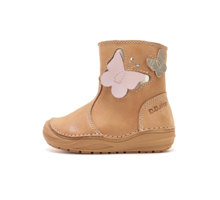 Papuci Barefoot Copii ⭐ - Cizme Fete D.D.Step W071-62976A Copper – Piele Naturală, Maro Caramel, cu Fluturi