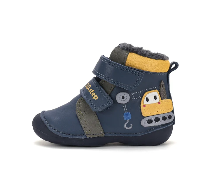Papuci Barefoot Copii ⭐ - Ghete Băieți D.D.Step W015-62928 – Piele Naturală, Îmblănite, Bleumarin cu Excavator