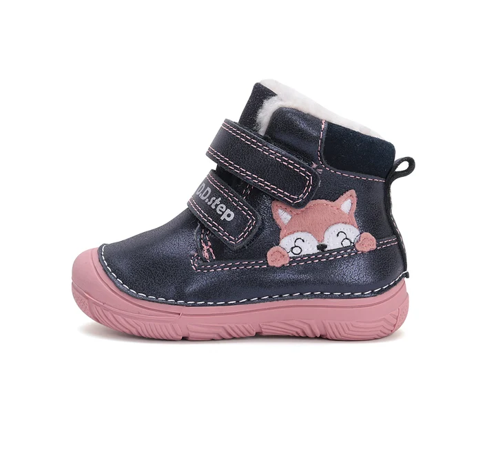 Papuci Barefoot Copii ⭐ - Ghete Iarnă Fete D.D.Step W082-42774 – Piele Naturală, Îmblănite, Royal Blue cu Vulpiță
