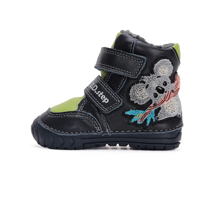 Papuci Barefoot Copii ⭐ - Ghete Îmblănite Băieți D.D.Step W029-42498B Royal Blue – Piele Naturală Bleumarin, cu Ursuleț