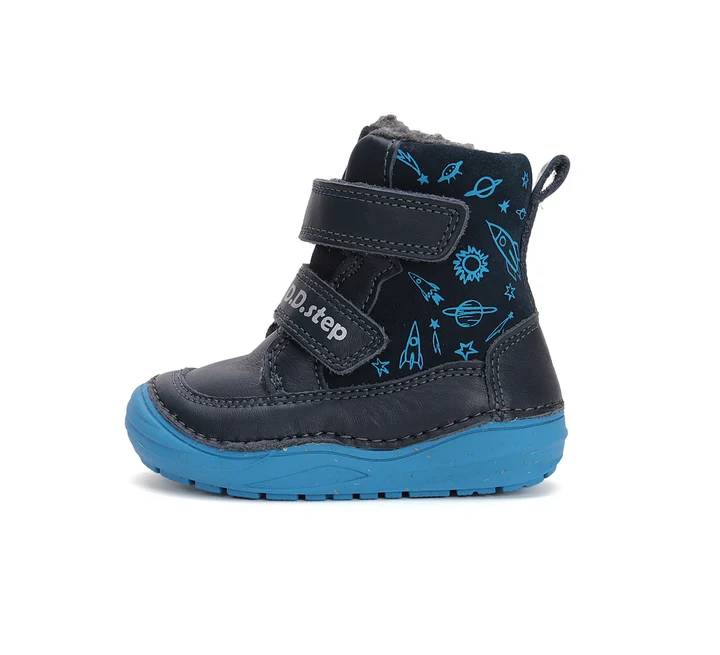 Papuci Barefoot Copii ⭐ - Ghete Îmblănite Băieți D.D.Step W071-42680B Royal Blue – Piele Naturală, Bleumarin, cu Astronaut, Mărimi 20–31