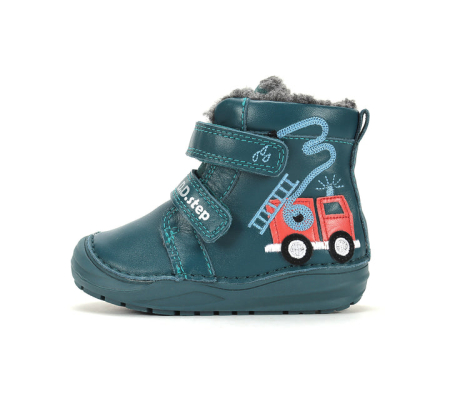 Papuci Barefoot DD STEP - Ghete Îmblănite Băieți D.D.Step W071-62477A Emerald – Piele Naturală, Verde Petrol, cu Mașină de Pompieri