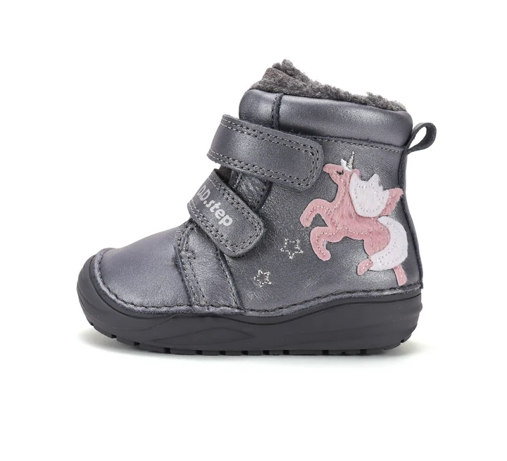 Papuci Barefoot DD STEP - Ghete Îmblănite Fete D.D.Step W071-62376 – Piele Naturală, Gri Metalizat, cu Unicorn