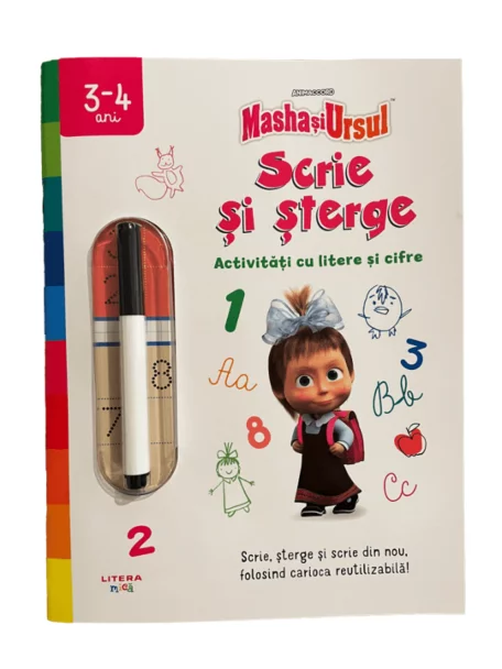Cărți Editura Litera - Masha și Ursul – Scrie și șterge. Activități cu litere și cifre | Carte educativă reutilizabilă pentru copii