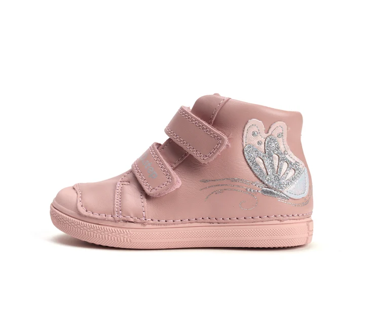 Papuci Barefoot Copii ⭐ - Pantofi Fete D.D.Step A049-52135 – Piele Naturală, Baby Pink cu Fluture