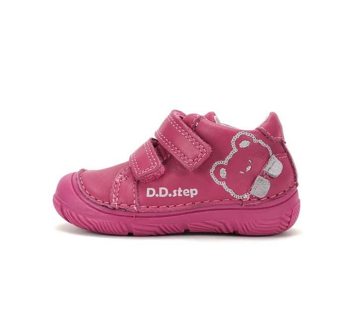 Papuci Barefoot Copii ⭐ - Pantofi Fete D.D.Step S082-62150 – Piele Naturală, Roz Închis, cu Ursuleț