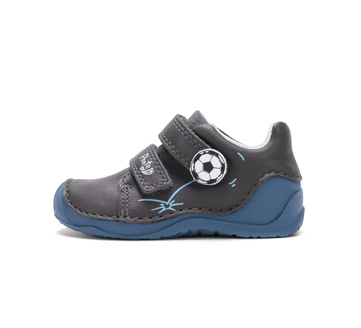 Papuci Barefoot Copii ⭐ - Pantofi Supinați Băieți Ponte20 DA03-6-2154A – Piele Naturală, Gri-Albastru cu Minge