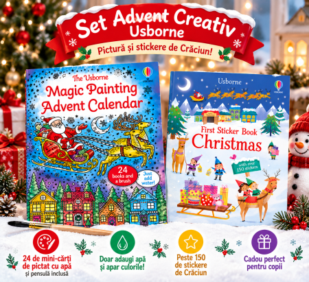 Cărți de Crăciun pentru copii - Set Advent Creativ Usborne – Calendar Advent de Pictat cu Apă + Carte cu 150+ Stickere de Crăciun