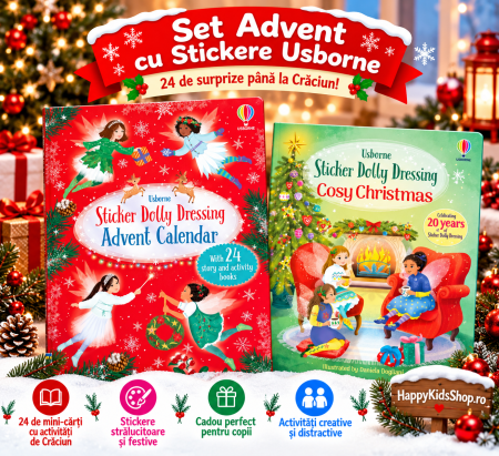 Cărți de Crăciun pentru copii - Set Advent cu Stickere Usborne – Calendar Advent cu 24 de Mini-Cărți + Sticker Dolly Cosy Christmas