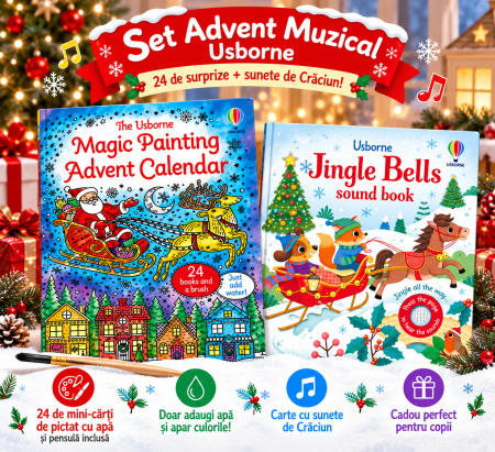 Cărți de Crăciun pentru copii - Set Advent Muzical Usborne – Calendar Advent de Pictat cu Apă + Carte cu Sunete Jingle Bells
