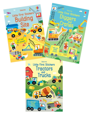 Set Usborne Little First Stickers – 3 Cărți Educative cu Stickere, Vehicule și Șantier