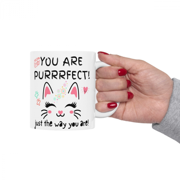 Cană Amuzantă Cu Pisică – You Are Purrrfect – Cadou Motivațional Ceramică Albă 330ml [6]