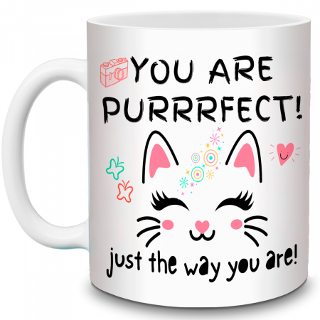 Cani Haioase & Mesaje Amuzante - Cană Amuzantă Cu Pisică – You Are Purrrfect – Cadou Motivațional Ceramică Albă 330ml