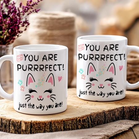 Cană Amuzantă Cu Pisică – You Are Purrrfect – Cadou Motivațional Ceramică Albă 330ml [1]