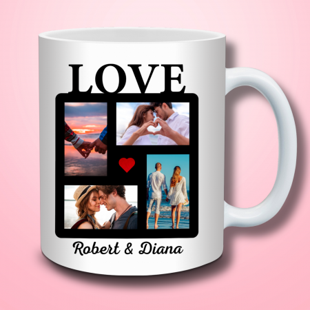 Cani personalizate - Cană Personalizată LOVE cu Poze și Nume – Cadou Romantic pentru Cupluri