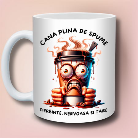 Cani Haioase & Mesaje Amuzante - Cana Plină de Spume ☕ – Fierbinte, Nervoasă și Tare | Cadou Haios pentru Zile Agitate, 330 ml, Alba