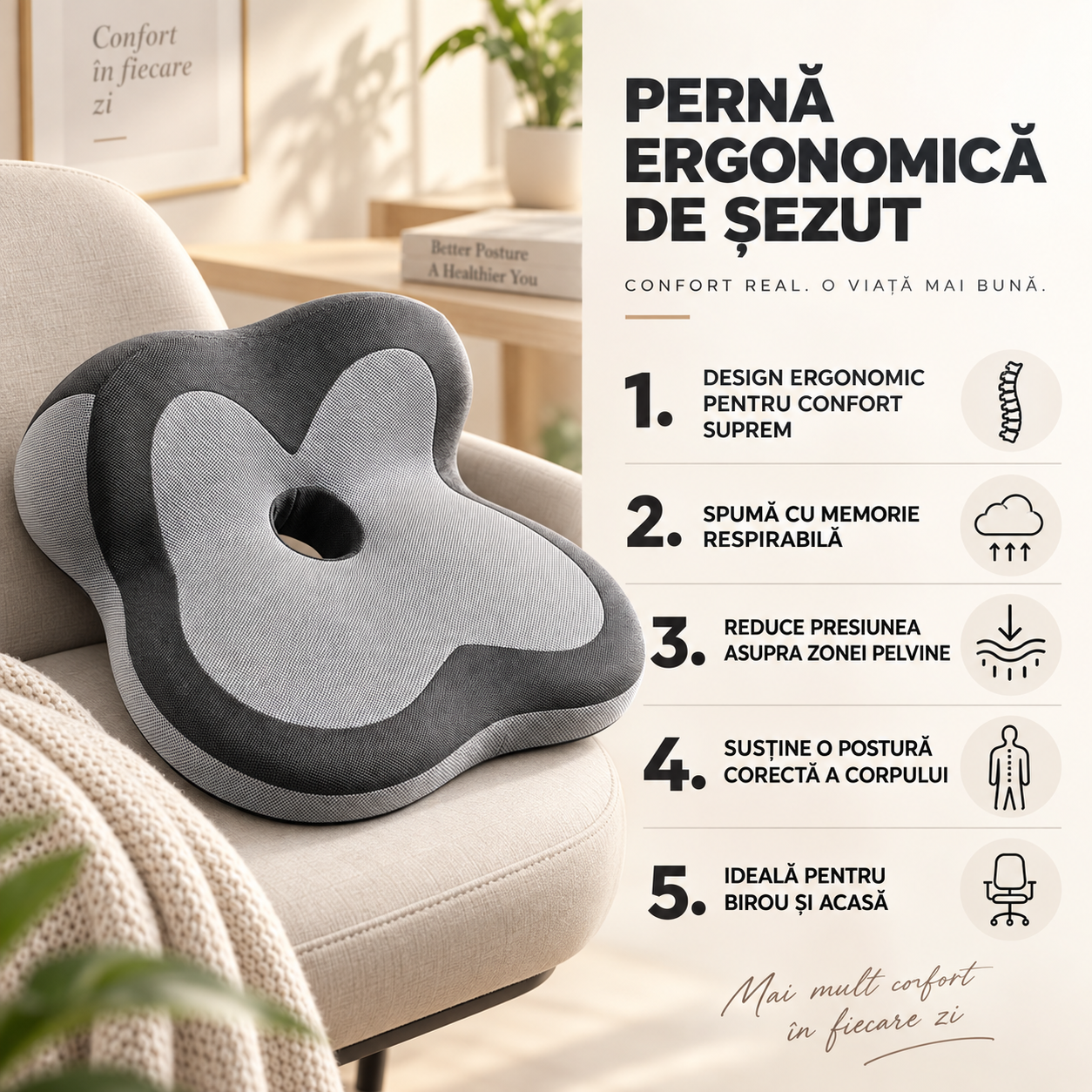 Infografic cu beneficiile suportului ergonomic de șezut HG ProLine S20