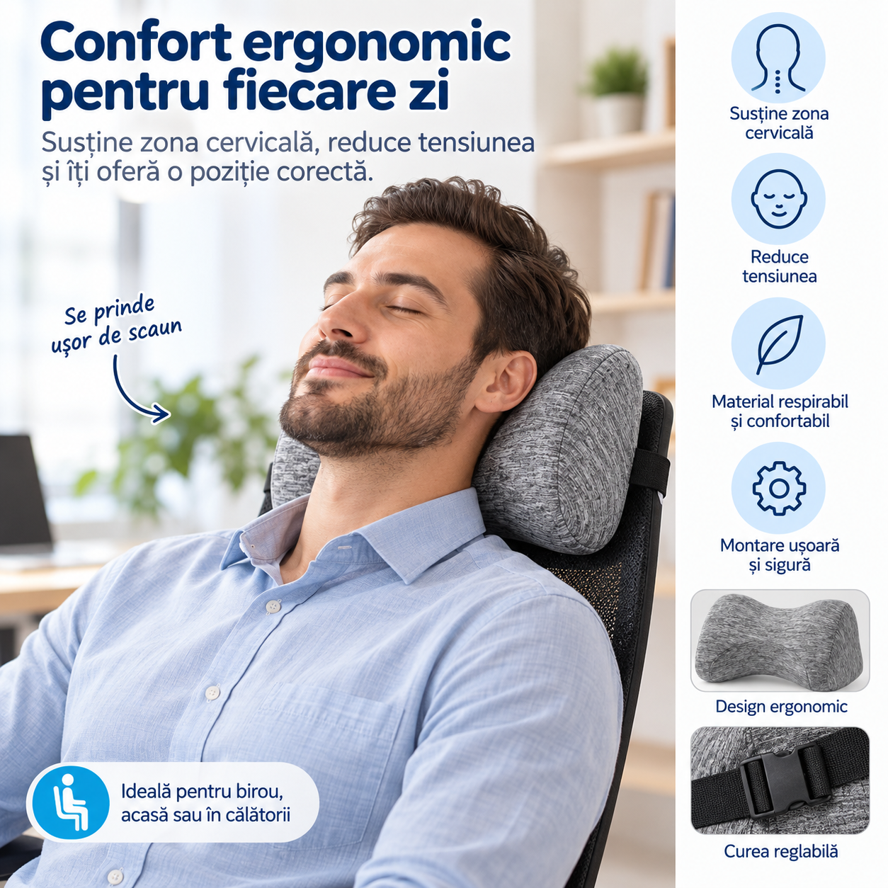 Suport cervical ergonomic BMP0468 utilizat pe scaun de birou