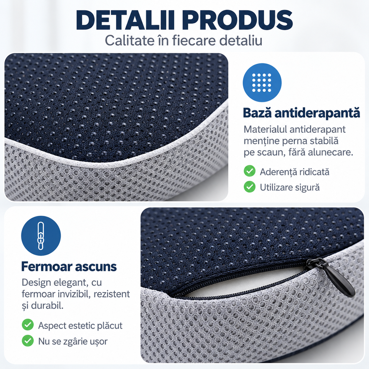 Memory foam, mesh respirabil și bază anti-alunecare la perna BMP1383