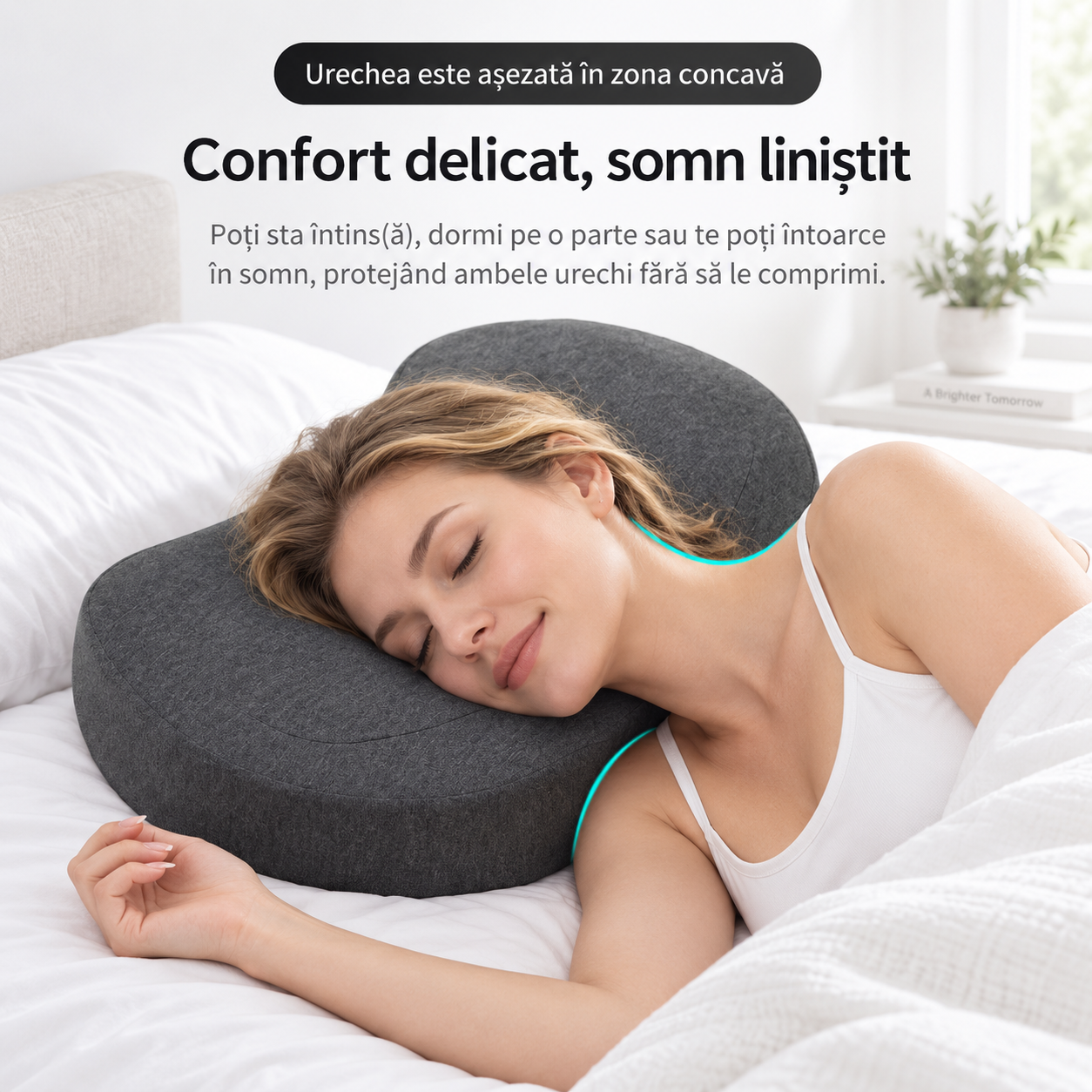 Pernă Back Care S16 cu spațiu central pentru ureche, utilizată în somn lateral