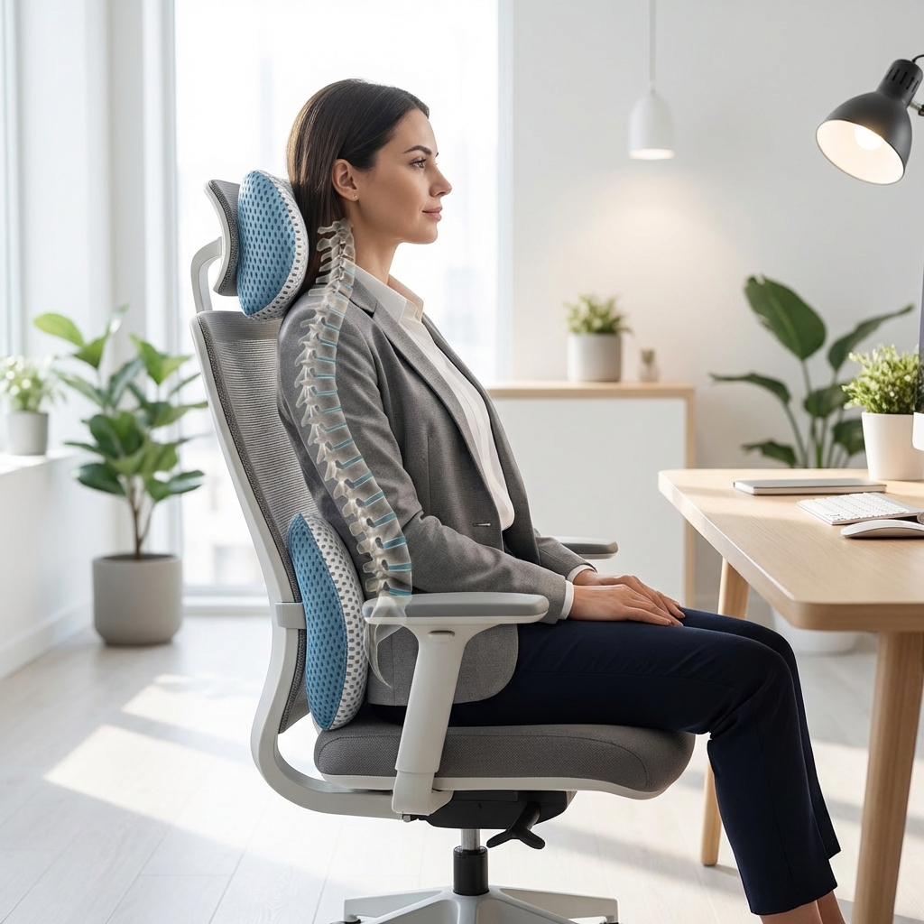 Set ergonomic lombar și cervical HG ProLine utilizat într-un birou luminos