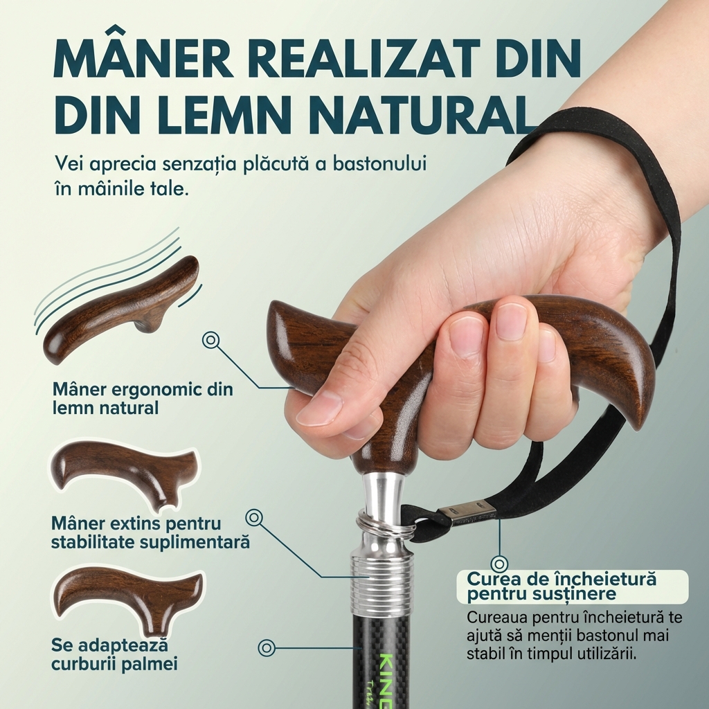 Mâner ergonomic realizat din lemn natural al bastonului HG ProLine