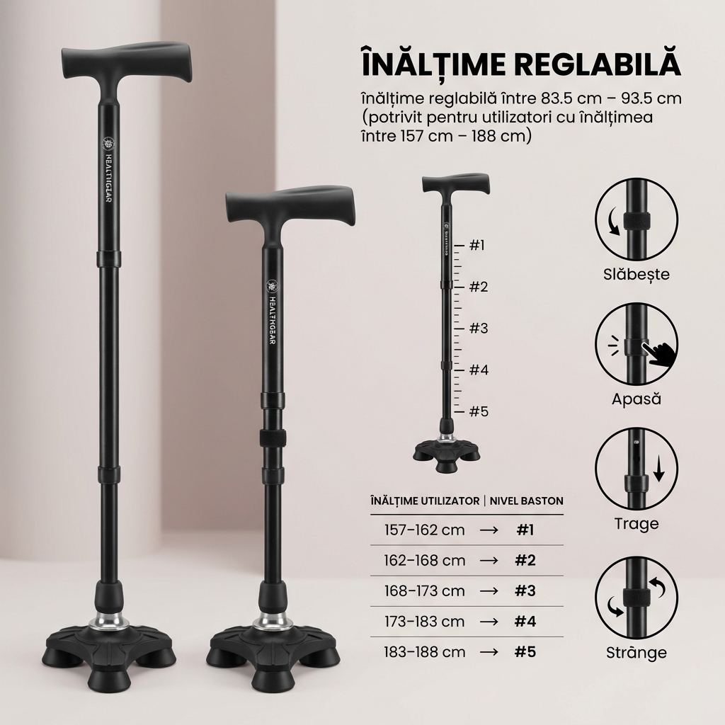 Reglajul pe înălțime al bastonului HG ProLine între 83,5 și 93,5 cm