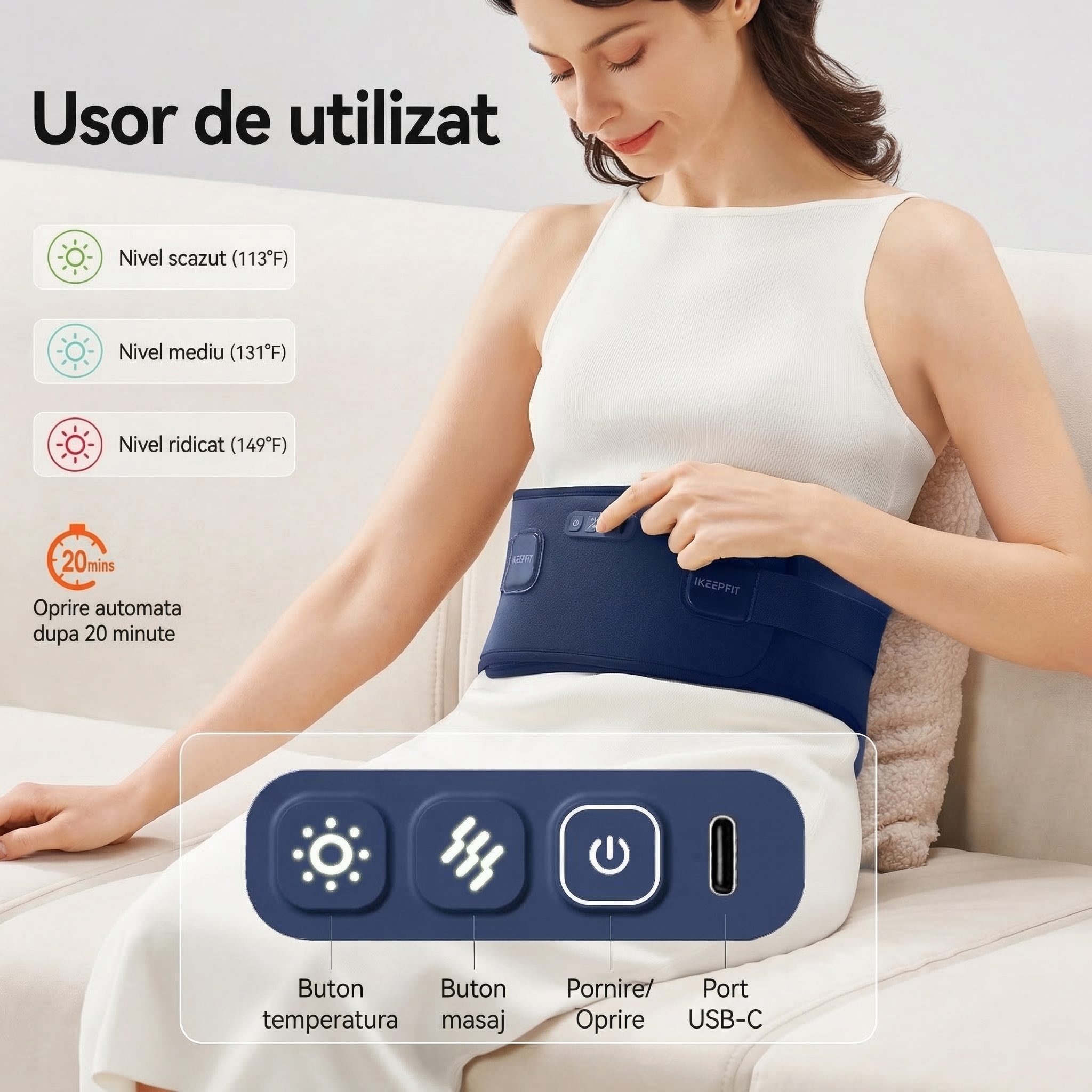 Panou de control cu temperatură, masaj, pornire și port USB-C