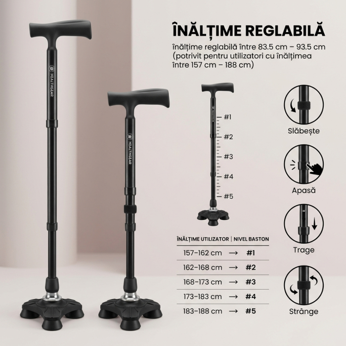 Baston ergonomic pliabil cu 4 puncte pentru stabilitate la mers [4]
