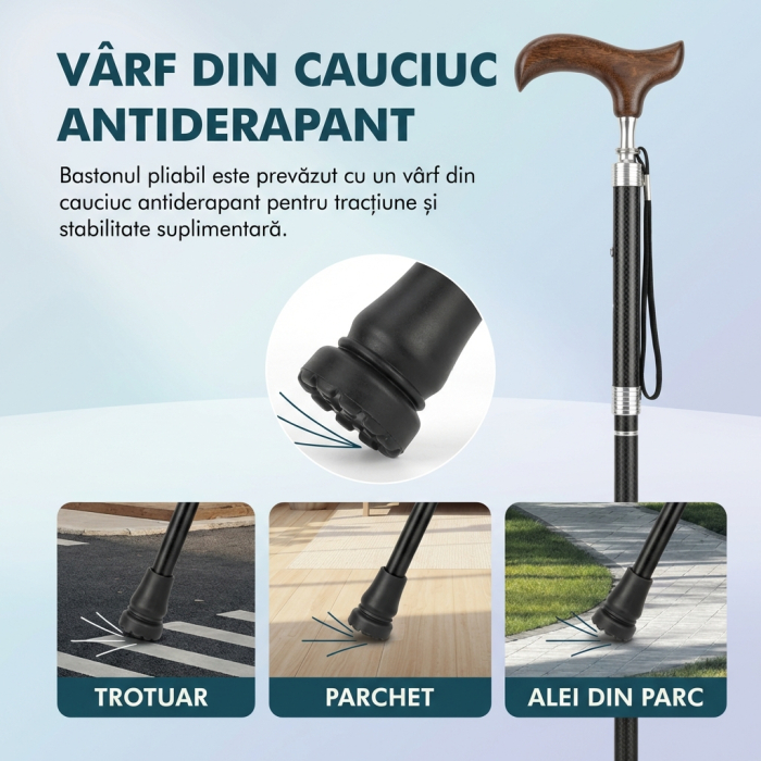 Baston din Fibră de Carbon 3K cu Mâner din Lemn – Ușor, Rezistent, Înălțime Reglabilă, Sprijin Elegant la Mers [7]