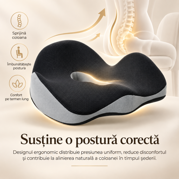 Pernă ergonomică șezut Back Care, formă W, memory foam, suport coccis, ventilație centrală, pentru birou, mașină și acasă [6]