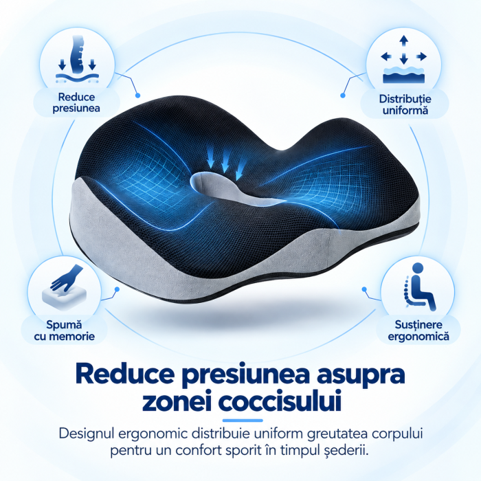 Pernă ergonomică șezut Back Care, formă W, memory foam, suport coccis, ventilație centrală, pentru birou, mașină și acasă [7]