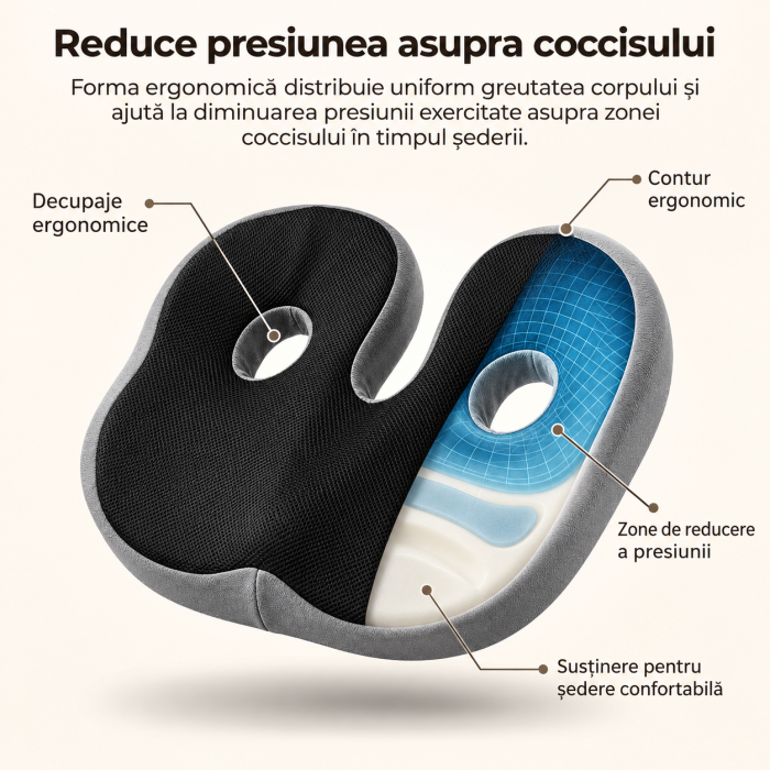 Pernă Șezut Antidurere cu Decupaje Anatomice și Spumă Adaptivă – Susținere Pelvină și Aliniere Coloană pentru Birou și Auto [2]