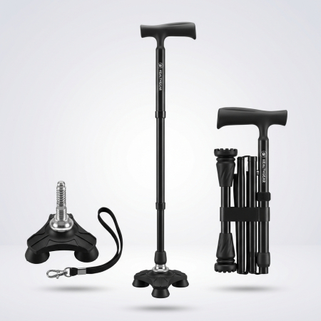 Bastoane de sprijin - Baston ergonomic pliabil cu 4 puncte pentru stabilitate la mers