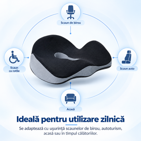 Pernă ergonomică șezut Back Care, formă W, memory foam, suport coccis, ventilație centrală, pentru birou, mașină și acasă [3]