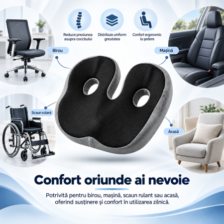 Pernă Șezut Antidurere cu Decupaje Anatomice și Spumă Adaptivă – Susținere Pelvină și Aliniere Coloană pentru Birou și Auto [3]