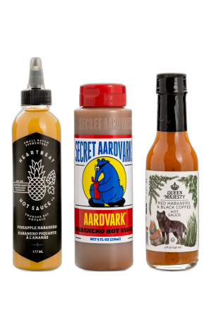 Sosuri - Pachet cu 3 sosuri habanero craft: Secret Aardvark, Heartbeat Pineapple și Queen Majesty Coffee