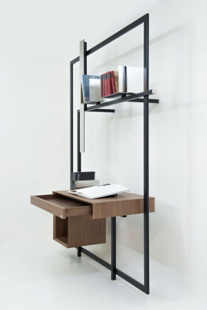 Mese & bănci - Birou suspendat modern cu rafturi – mobilier perete metal și lemn, design minimalist
