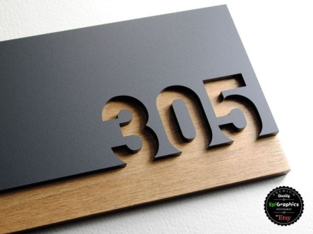 Numere casă & stradă - Număr casă metalic 3D personalizat – număr adresă modern cu panou lemn design premium exterior