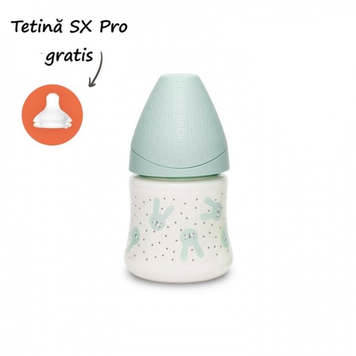 Biberon 150 ml cu tetina rotunda din silicon, debit lent, iepuras verde hygge suavinex - imagine produs HeiBebe.ro [1]
