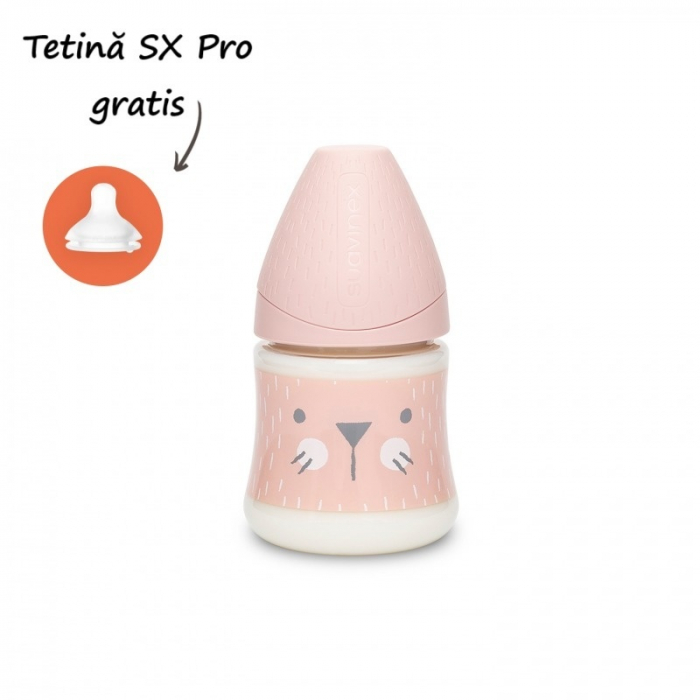 Biberon 150 ml cu tetina rotunda din silicon, debit lent, pisica roz hygge suavinex - imagine produs HeiBebe.ro [1]