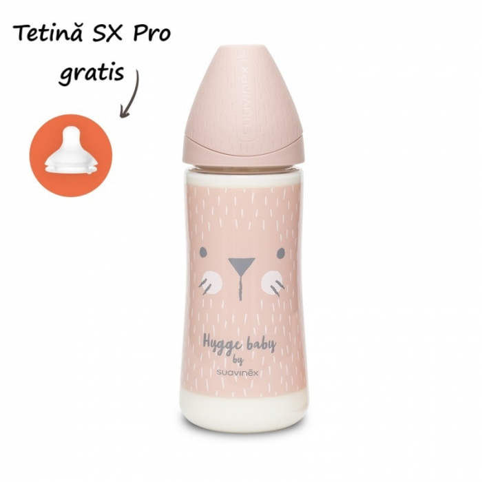 Biberon 360 ml ml cu tetina rotunda din silicon, debit dens, pisica roz hygge suavinex - imagine produs HeiBebe.ro [1]