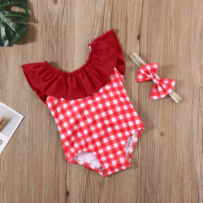 Costum de baie cu patratele rosii si bentita - imagine produs HeiBebe.ro [3]