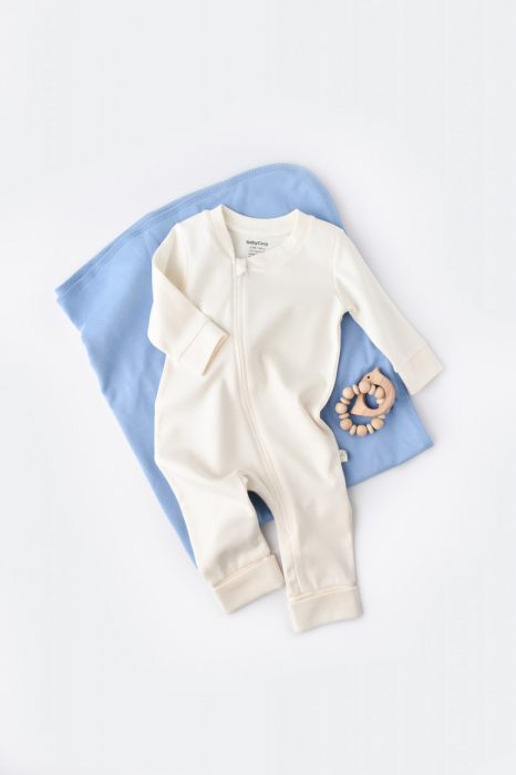 Salopeta cu fermoar cu maneca lunga si pantaloni lungi - 100%bumbac organic - ecru, babycosy - imagine produs HeiBebe.ro [1]