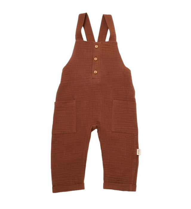 Salopeta de vara cu buzunare din muselina, babycosy, 100% bumbac organic, caramiziu - imagine produs HeiBebe.ro [1]