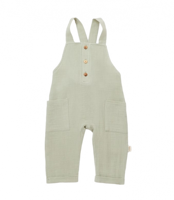 Salopeta de vara cu buzunare din muselina, babycosy, 100% bumbac organic, verde - imagine produs HeiBebe.ro [1]