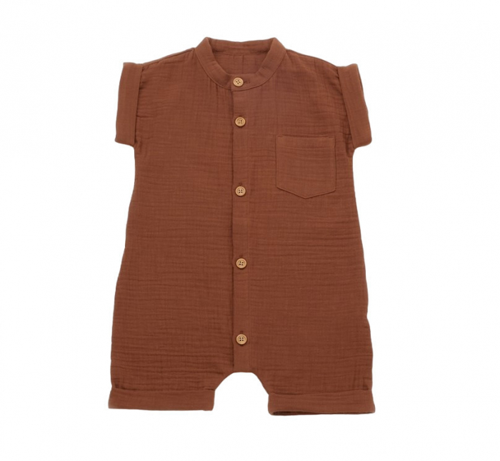 Salopeta de vara din muselina, babycosy, 100% bumbac organic, caramiziu - imagine produs HeiBebe.ro [1]